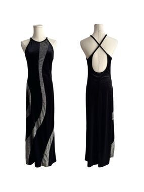 Vintage 90s Y2K Velvet Halter Dress Sz 7 M Black Silver Rhinestone Cutouts Maxi